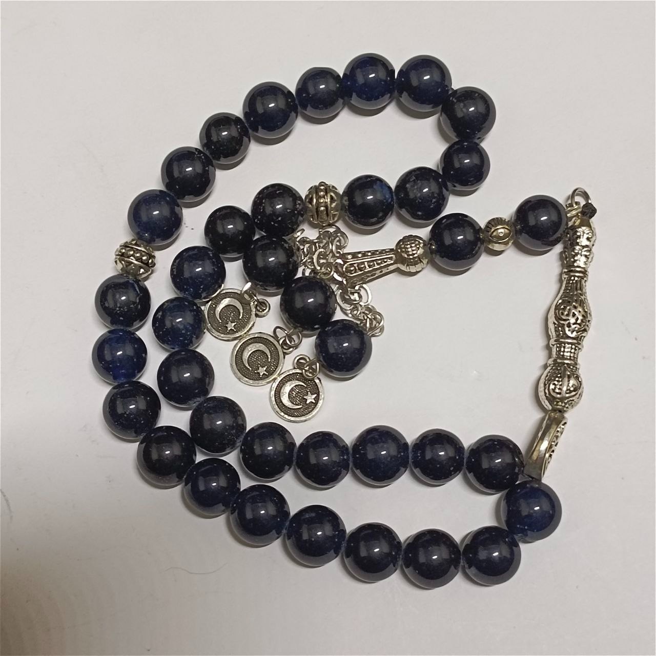 33 bead dark blue agate tasbih handcrafted silver details Egyptian prayer beads