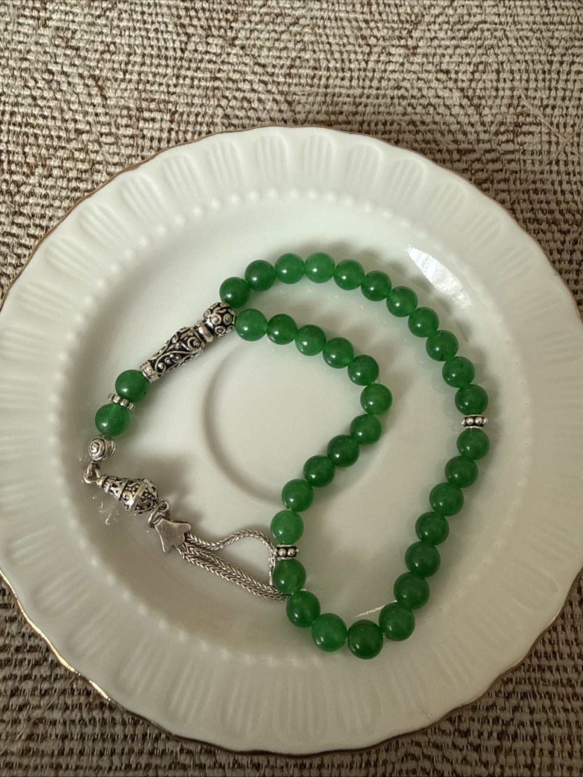 Green Agate Tesbih With Silver Tassel