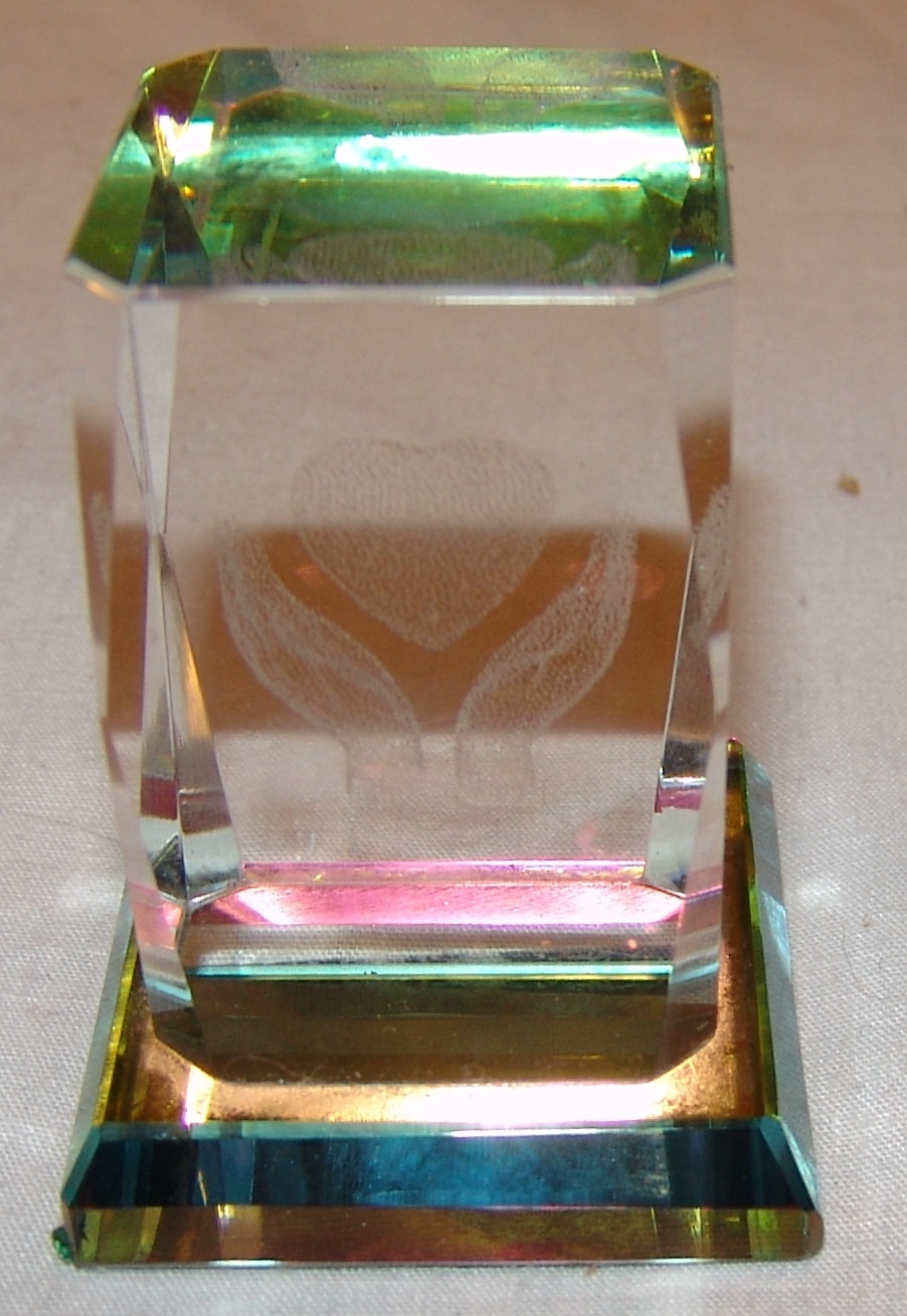 Prism Hands Holding a Heart 2″ Clear Acrylic Prismatic Statue Vtg