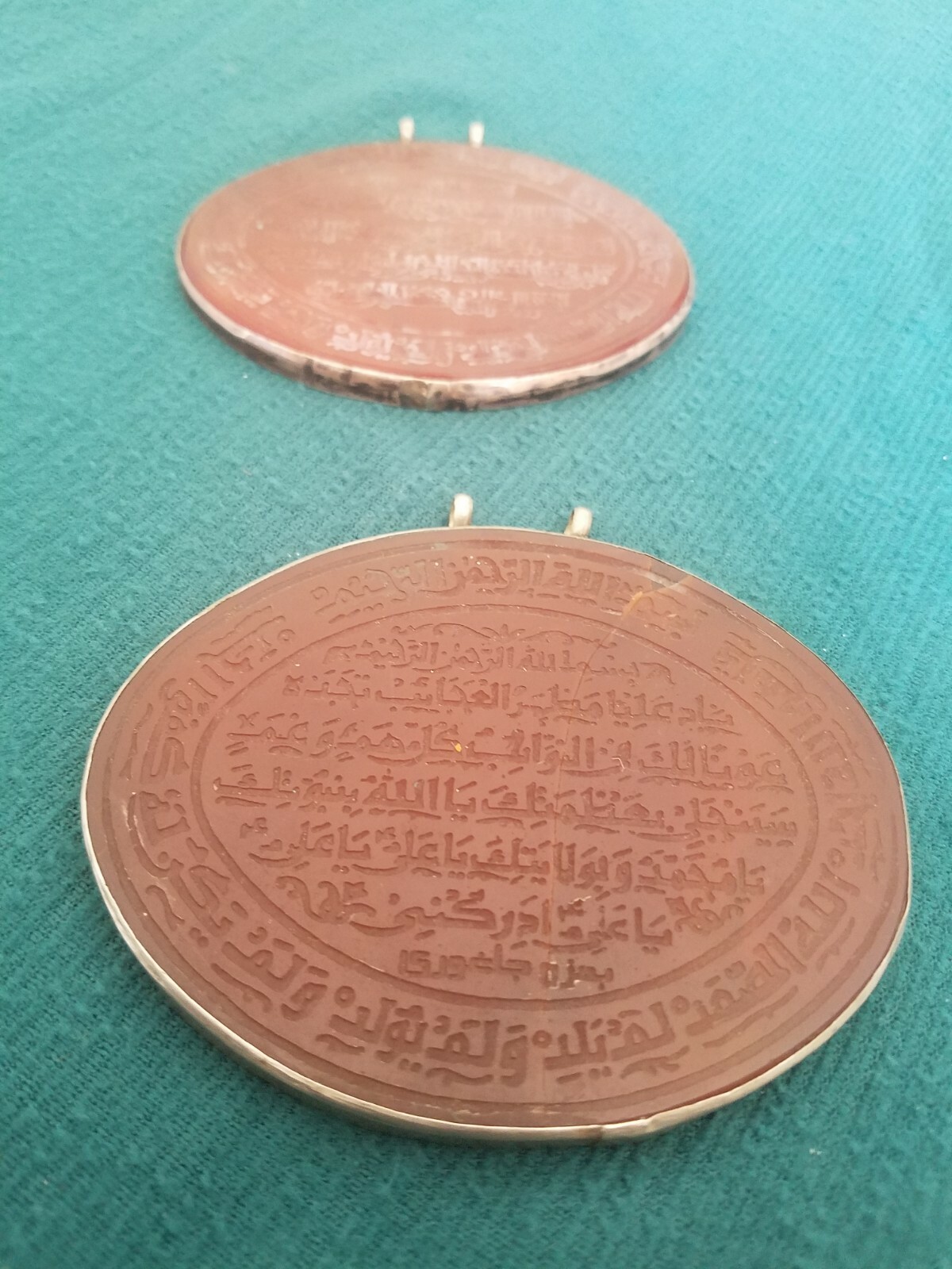 two Antique silver handmade Islamic Red Agate amulet pendant writing Quranic