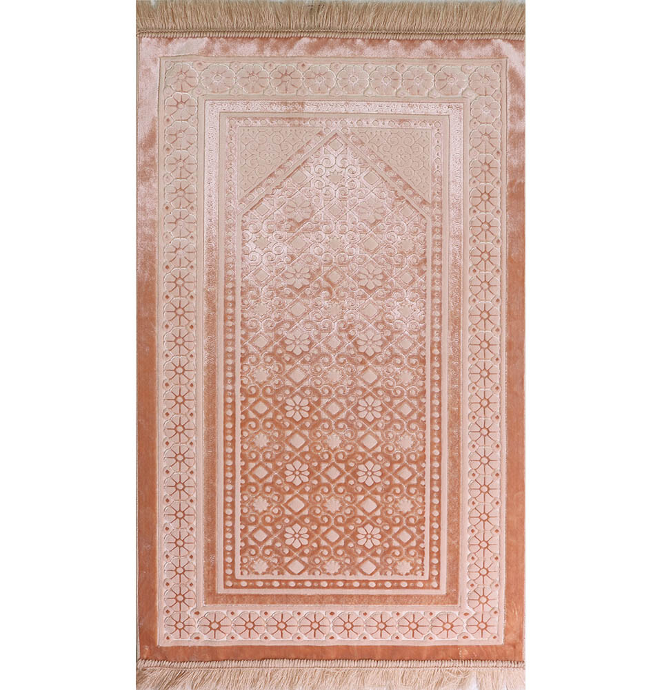 Modefa Luxury Velvet Islamic Prayer Rug Janamaz Sajjadah Floral Stamp Light Pink