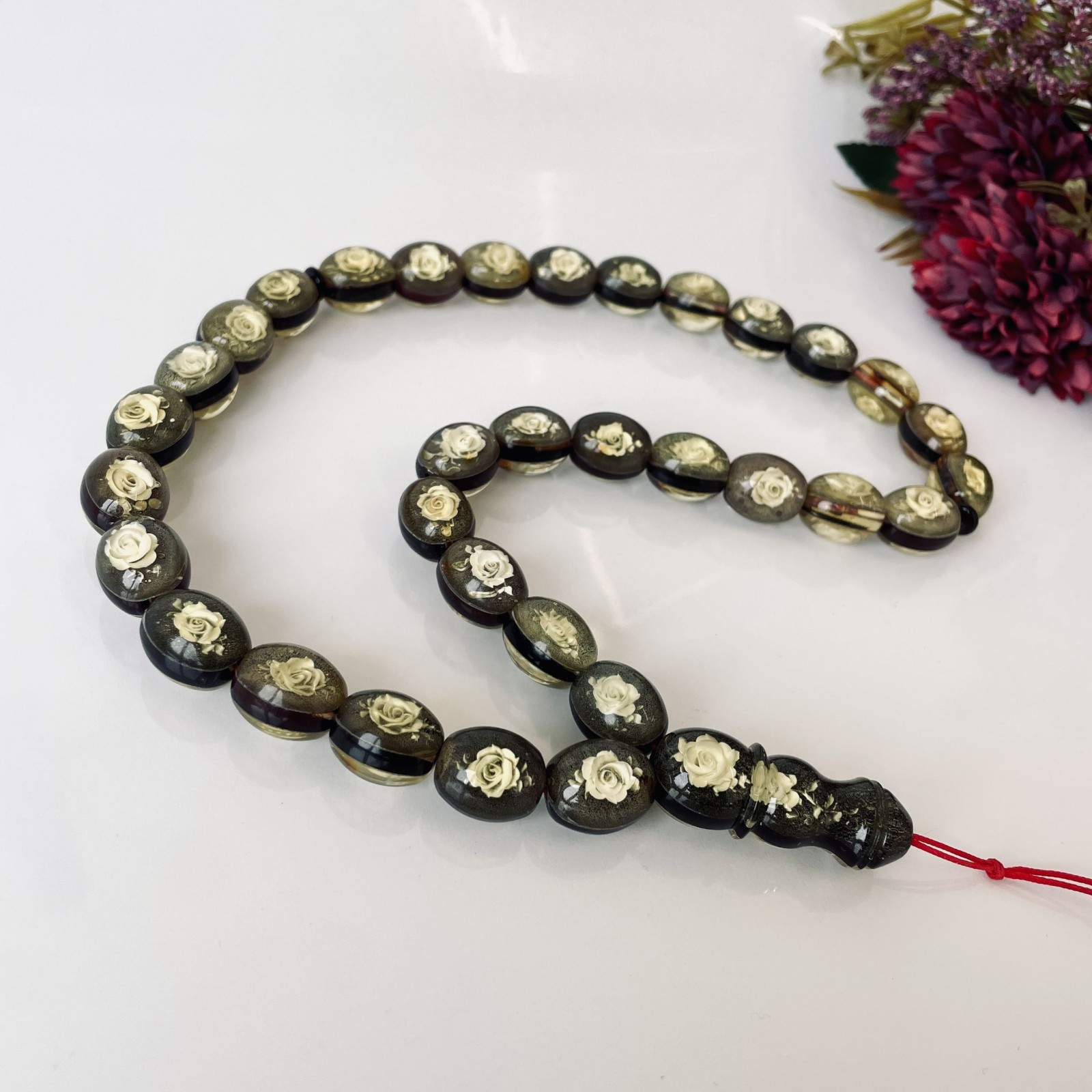 Hand Carved Rose Baltic Amber Tespih, 33 Beads Yellow Luxury Misbaha