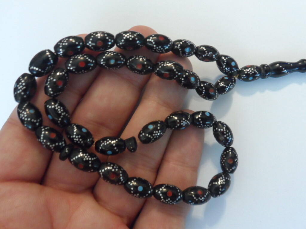 Antique Black Coral beads -Yusr- Red Sea 33 Prayer Beads Inlaid Silver-Turquoise