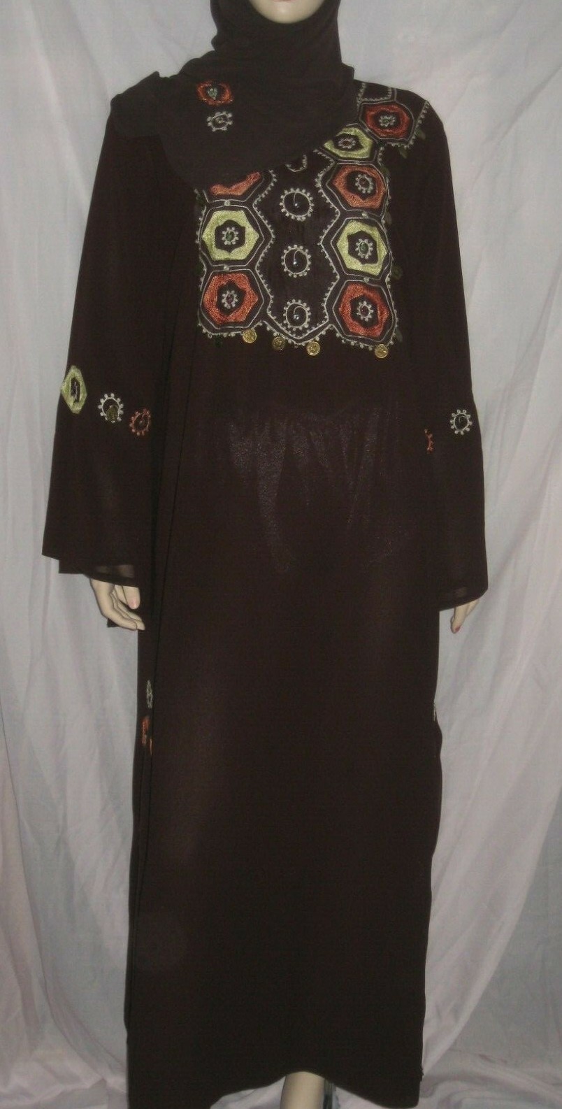 EC XL 2 layers crepe brown yellow abaya & scarf hijab jilbab dress Islam EID