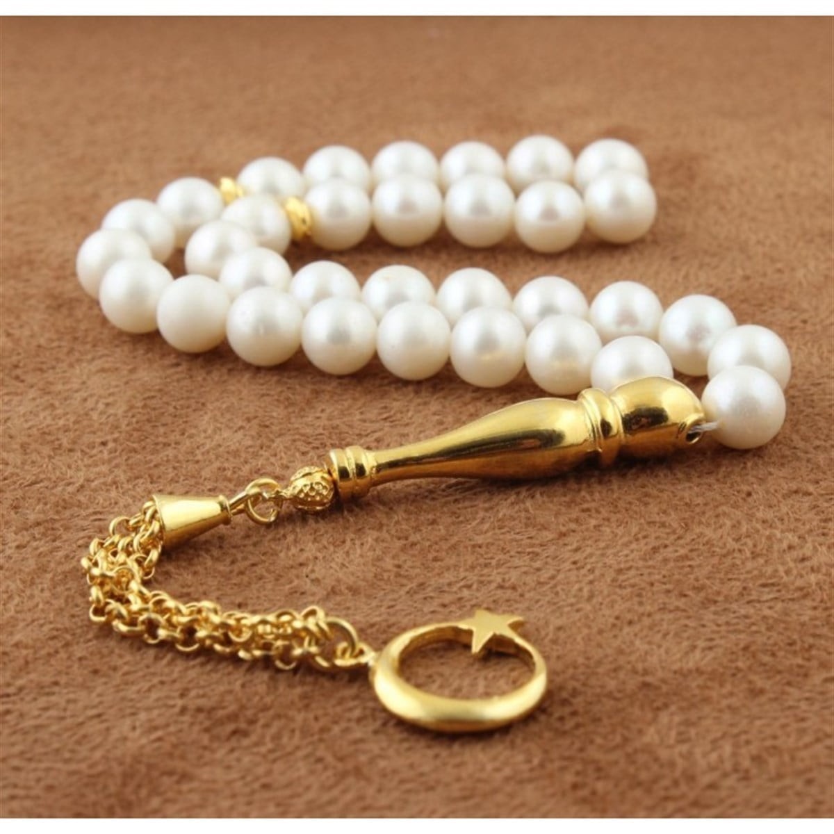 Real Pearl Rosary Prayer Beads 33 Tesbih Gold Plated 925 Silver Tassel Turkish