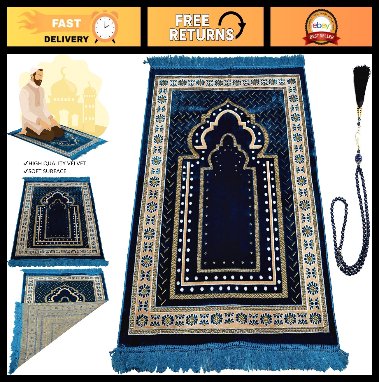 Soft Velvet Islamic Prayer Rug Mat – Gilded Embroidery, Beads, Ramadan Gift – Bl