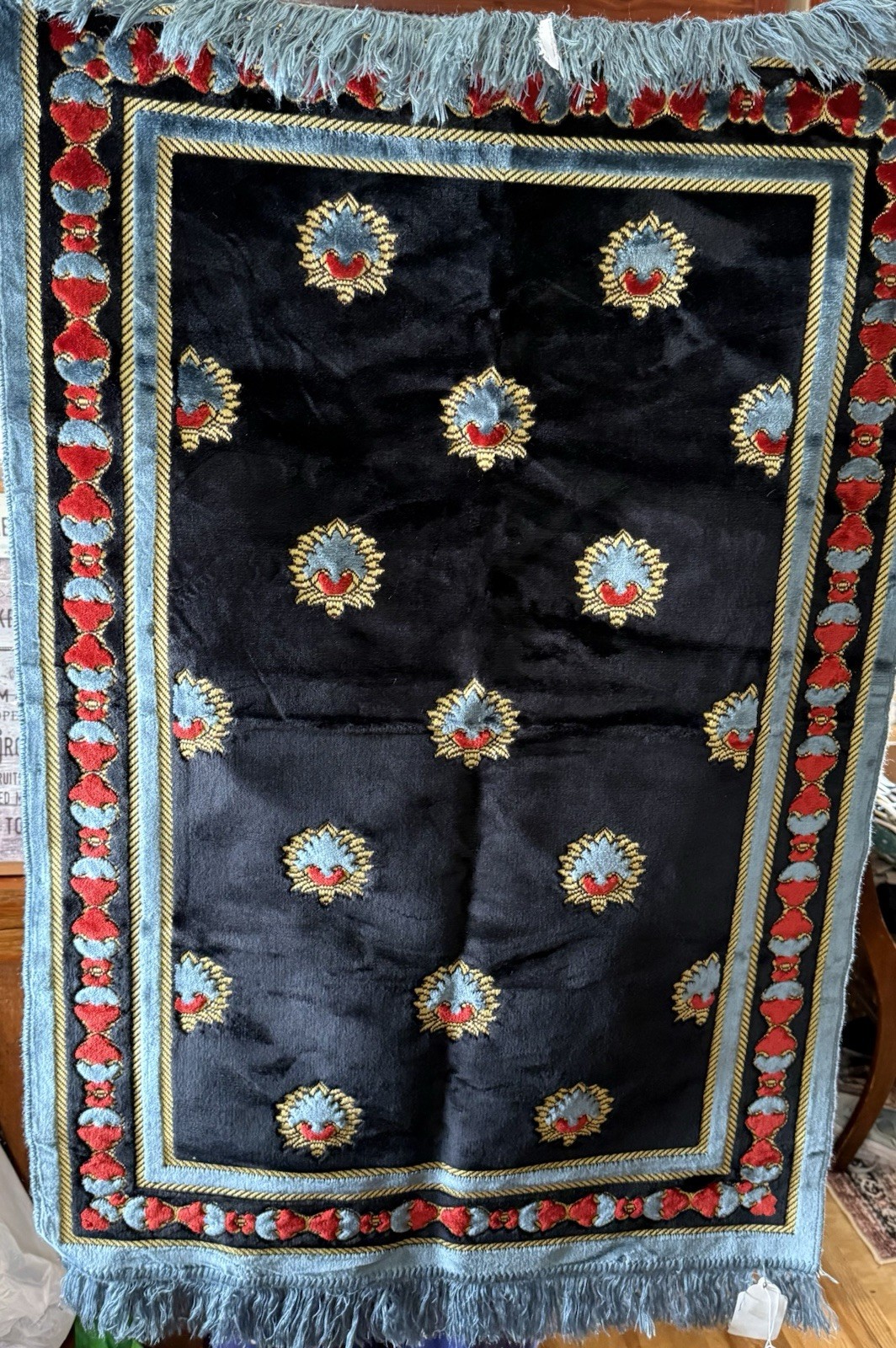 Black Islamic Prayer Rug with Blue Red Embroidery, Fringe, Patterned Border