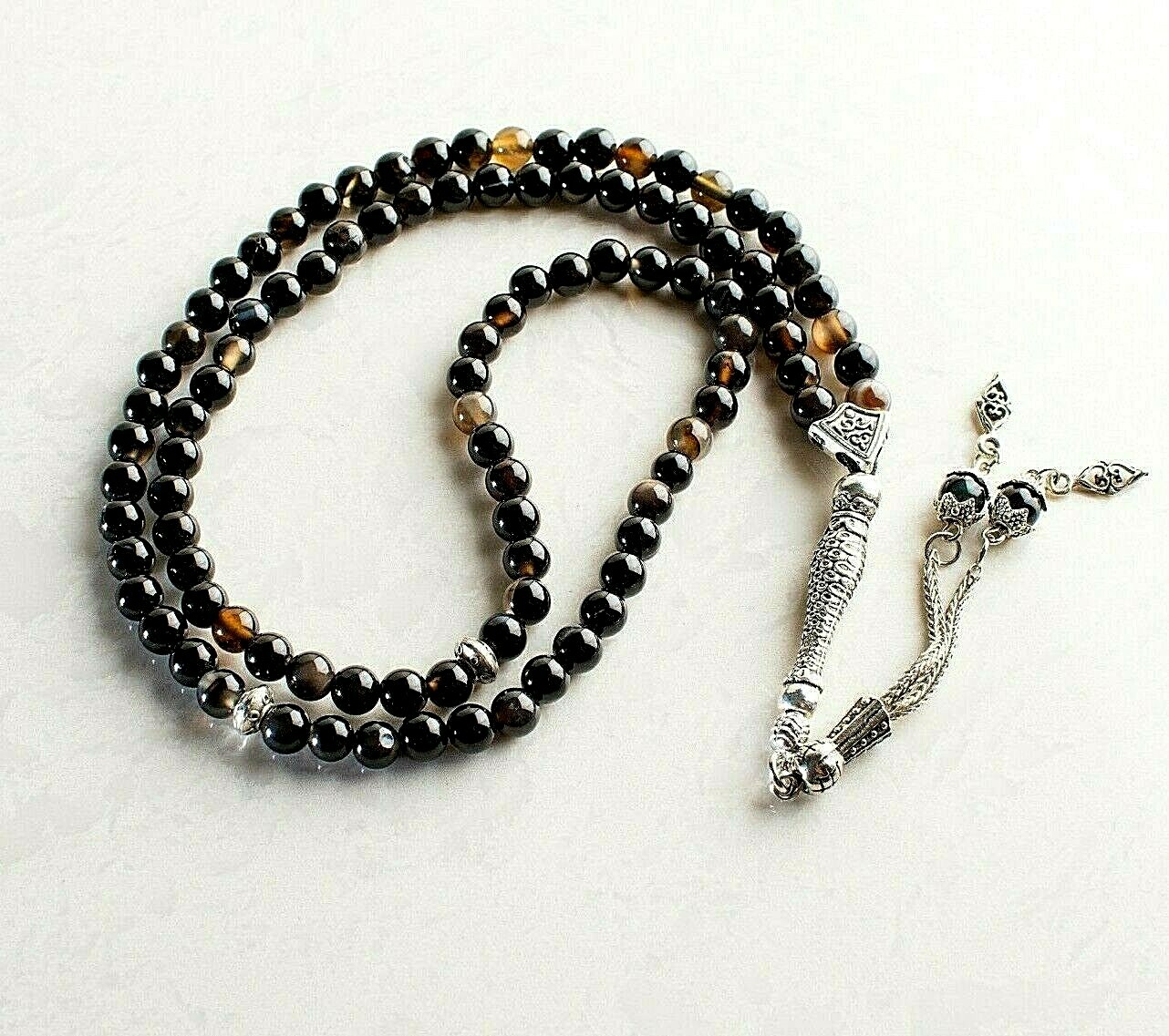 Black Agate Aqeeq Islamic Prayer 99 beads, Tasbih, Misbaha, Tasbeeh, Sibha 6mm