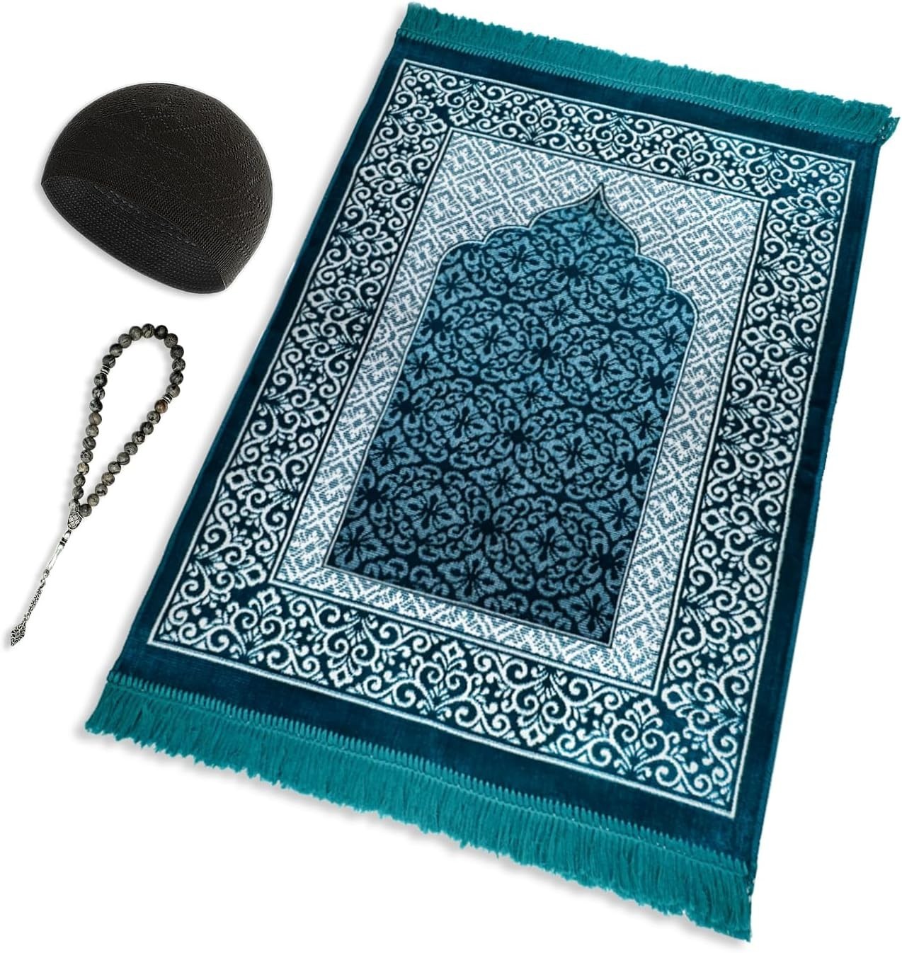 Velvet Prayer Mat All in One Set for Islam – Thick Muslim Prayer Rug,Islamic Gif