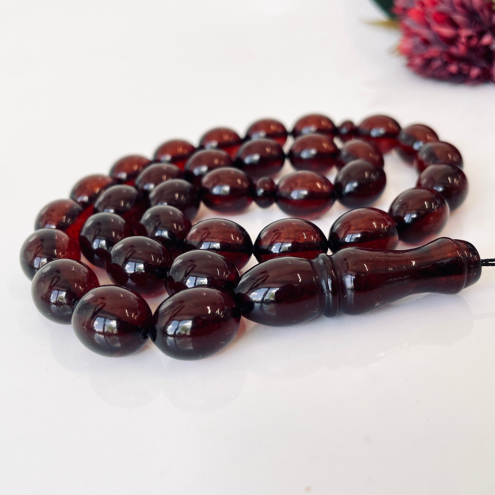 Natural Baltic Amber Misbaha, Cherry Amber Rosary, Olive Beads