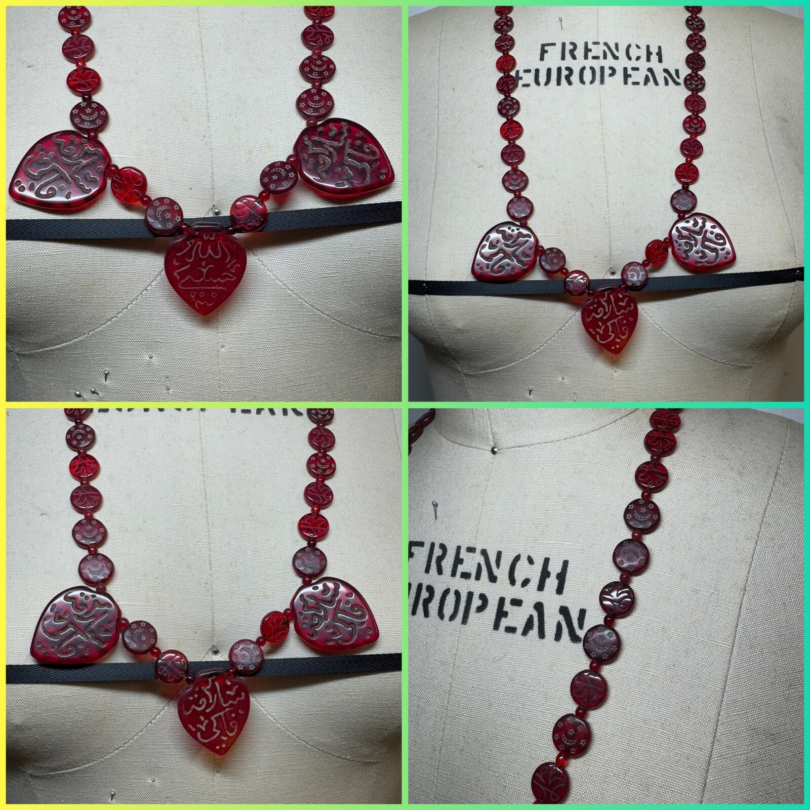 Vintage red glass Hajj beads Arabic Muslim double sided moon stars RARE!