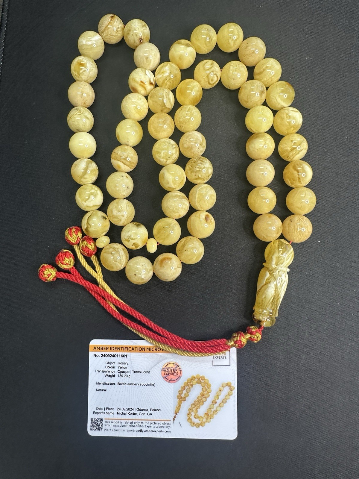 Certified Kiliangradi Natural Baltic Amber Stone -139.2 Grams- 54 Beads 16mm