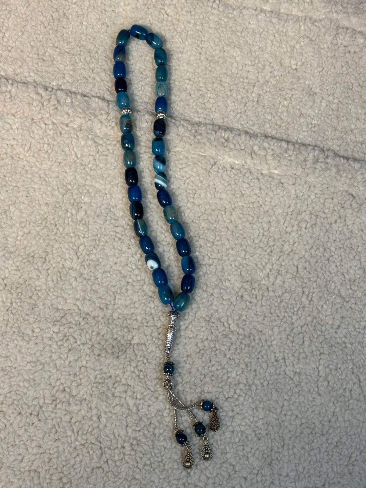 Ocean Blue Aqeeq Agate Tasbih – 33 Bead Islamic Misbaha with Handcrafted Silver