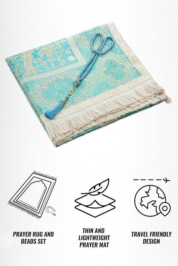 Turquoise Travel Prayer Rug with 99 Beads Tasbih – Ideal for Eid & Daily Prayers
