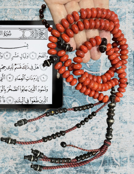 Prayer Beads inlaid 100 Tasbeeh Islamic Masbaha rosary of coral & Yusr مسبحة