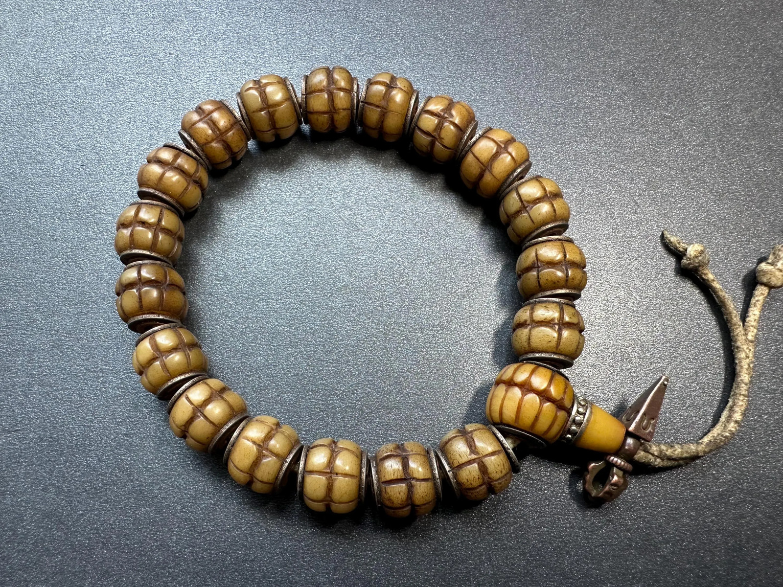 Carved Lotus Yak Bone Mala Bracelet – Tibetan Style Prayer Beads with Brass Spa