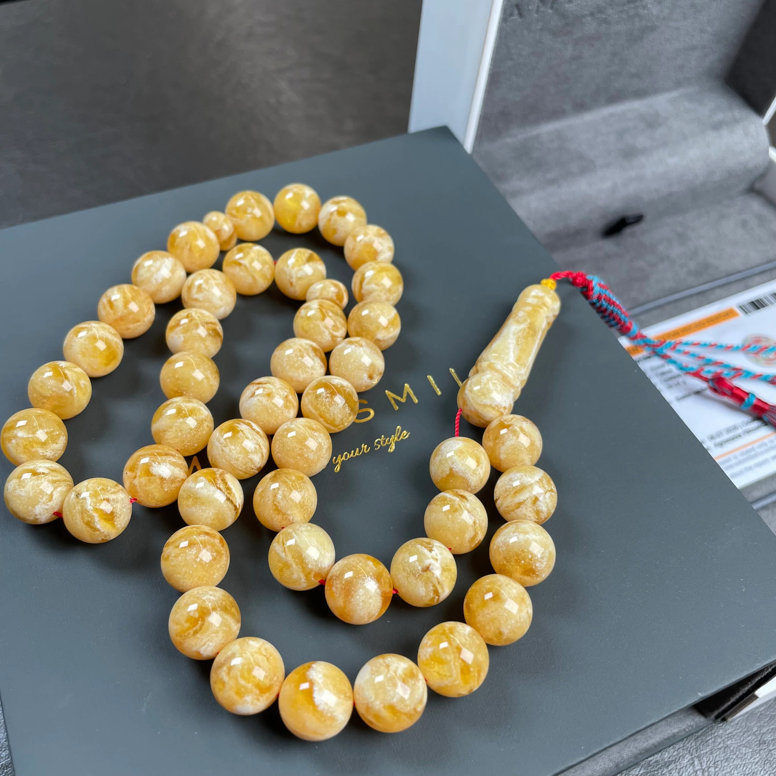 Handmade Honey Amber Misbaha 11mm 39,24g 45 beads LAB certificate