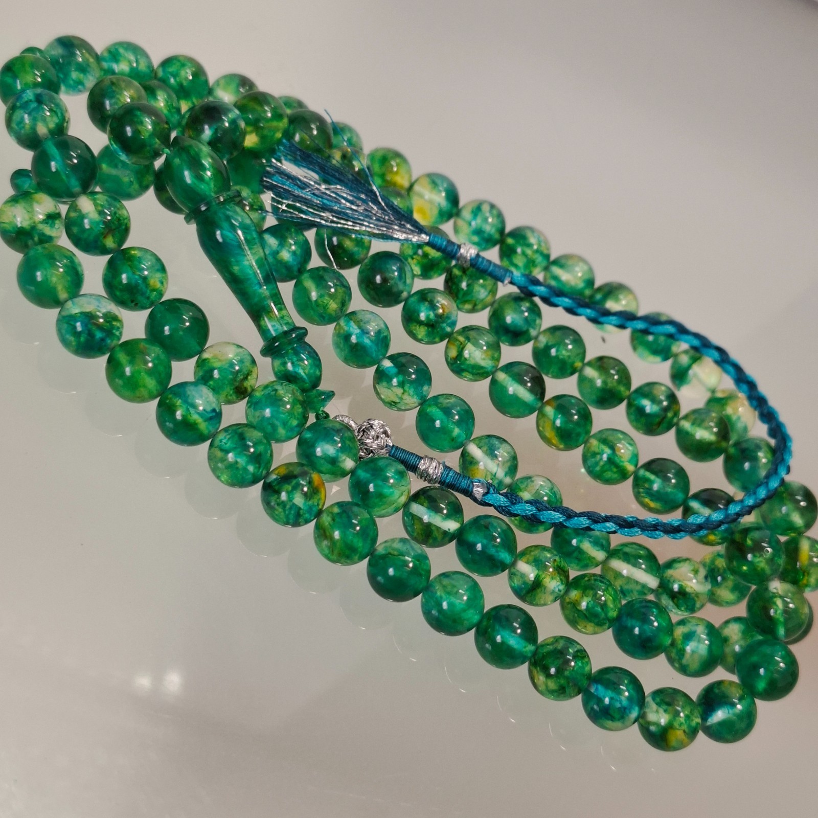 Amber Rosary – 99 sphere Beads, 8.7 mm, Green Amber Rosary 38gram Pressed amber