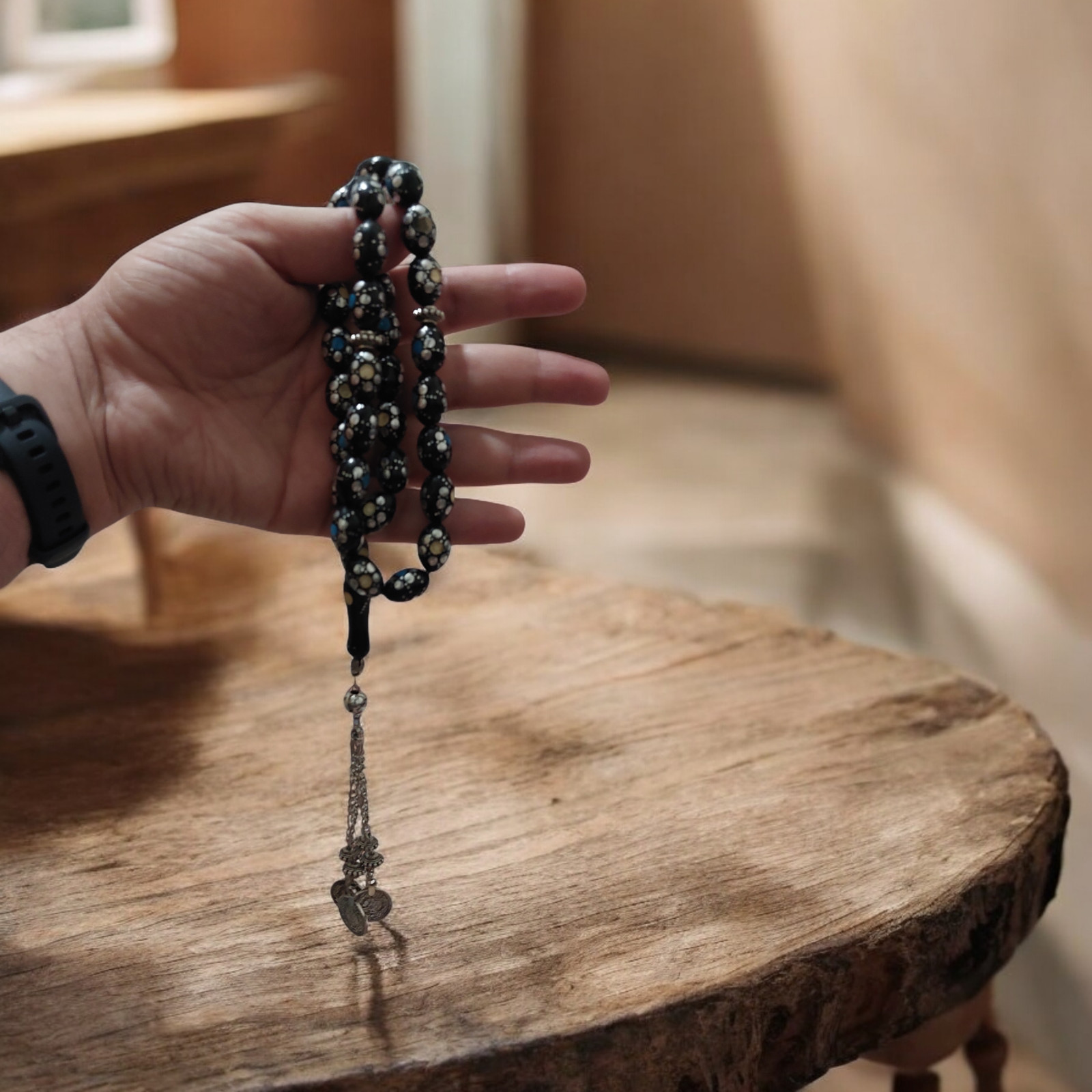 Natural Black Coral Yusir Tasbih 33 Islamic Prayer Beads Silver Turquoise Inlay