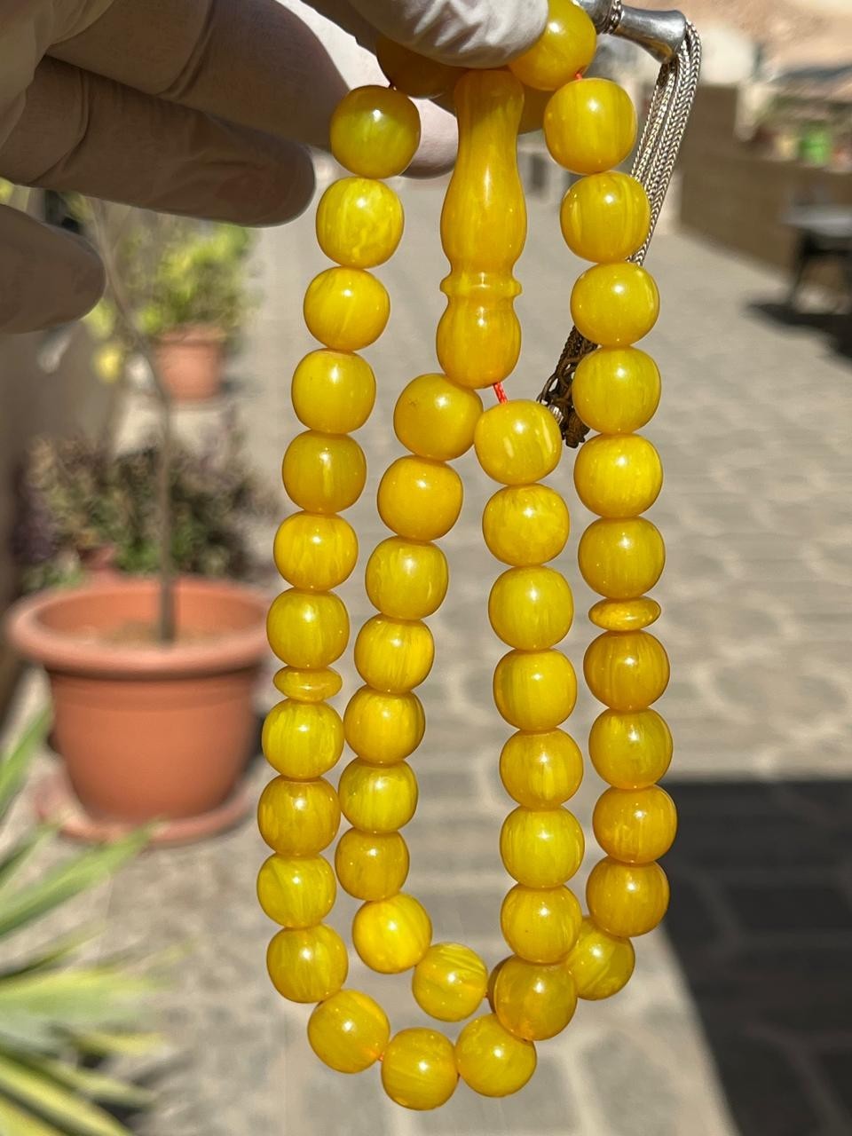 Natural Old German Cherry Amber 45 سبحة مسكي الماني معرق تغليف متوسط شرابة فضة