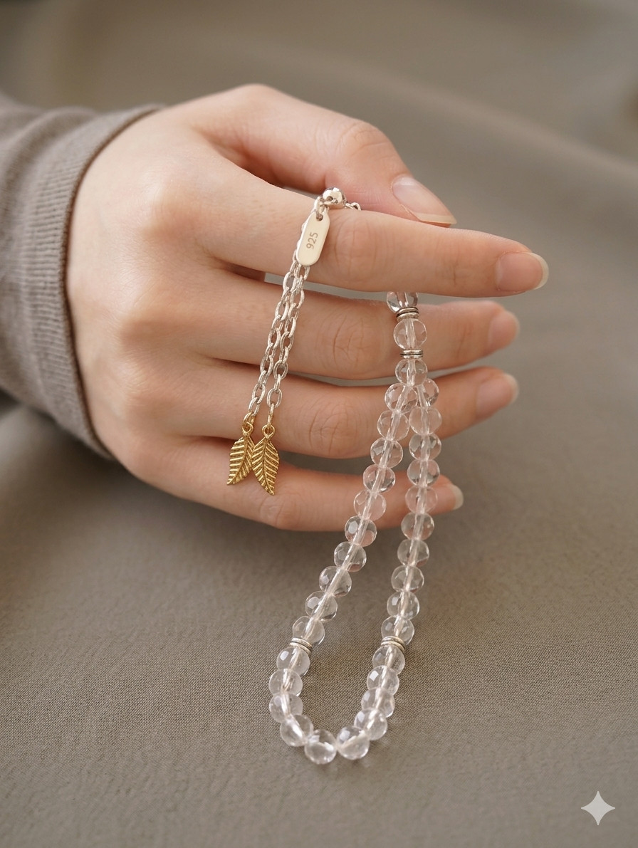 Clear Crystal Misbaha – Islamic Prayer Beads Tasbih with Leaf Charms1