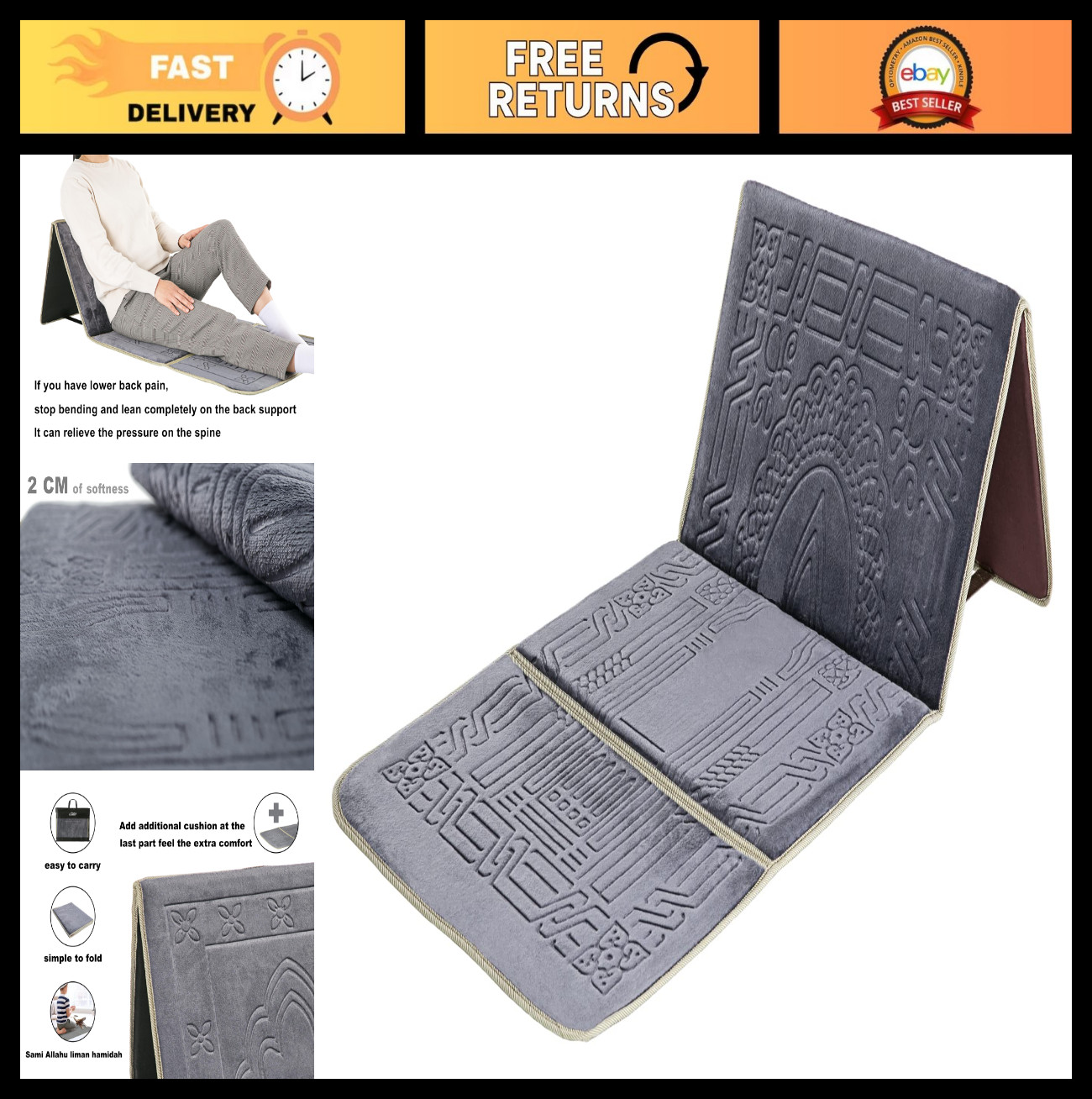Foldable Meditation Chair with Back Support, Prayer Rug & Carrying Pocket – Gray