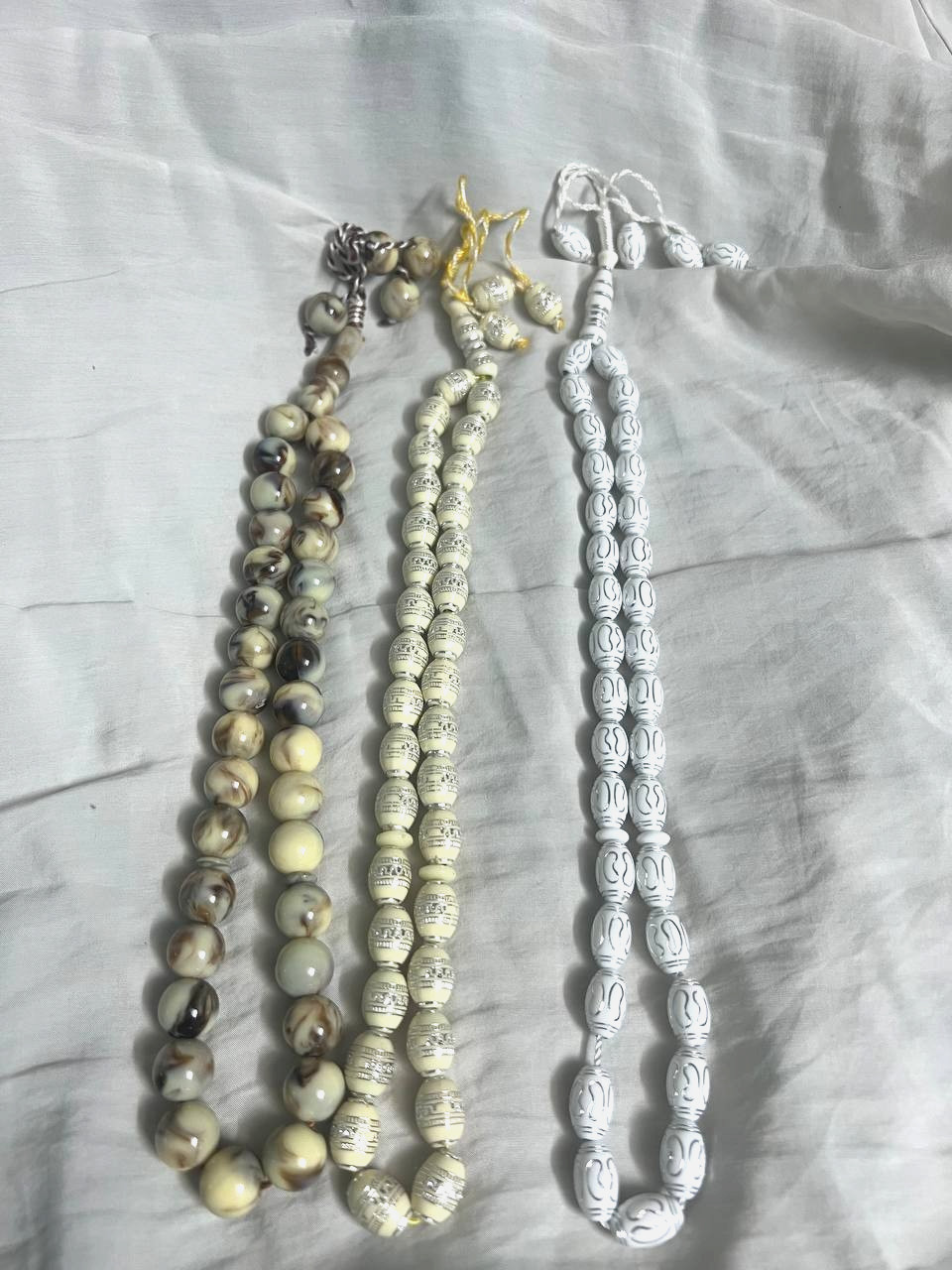 Tasbih Islamic Prayer Beads Misbaha Rosary Cream Silver Engraved Resin Set