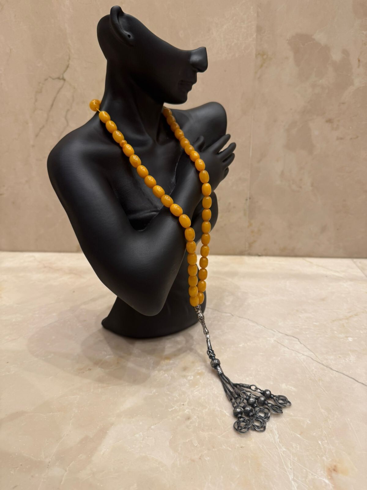 Antique amber Egg Yolk Butterscotch Baltic Islamic Prayer beads silver tassel 45