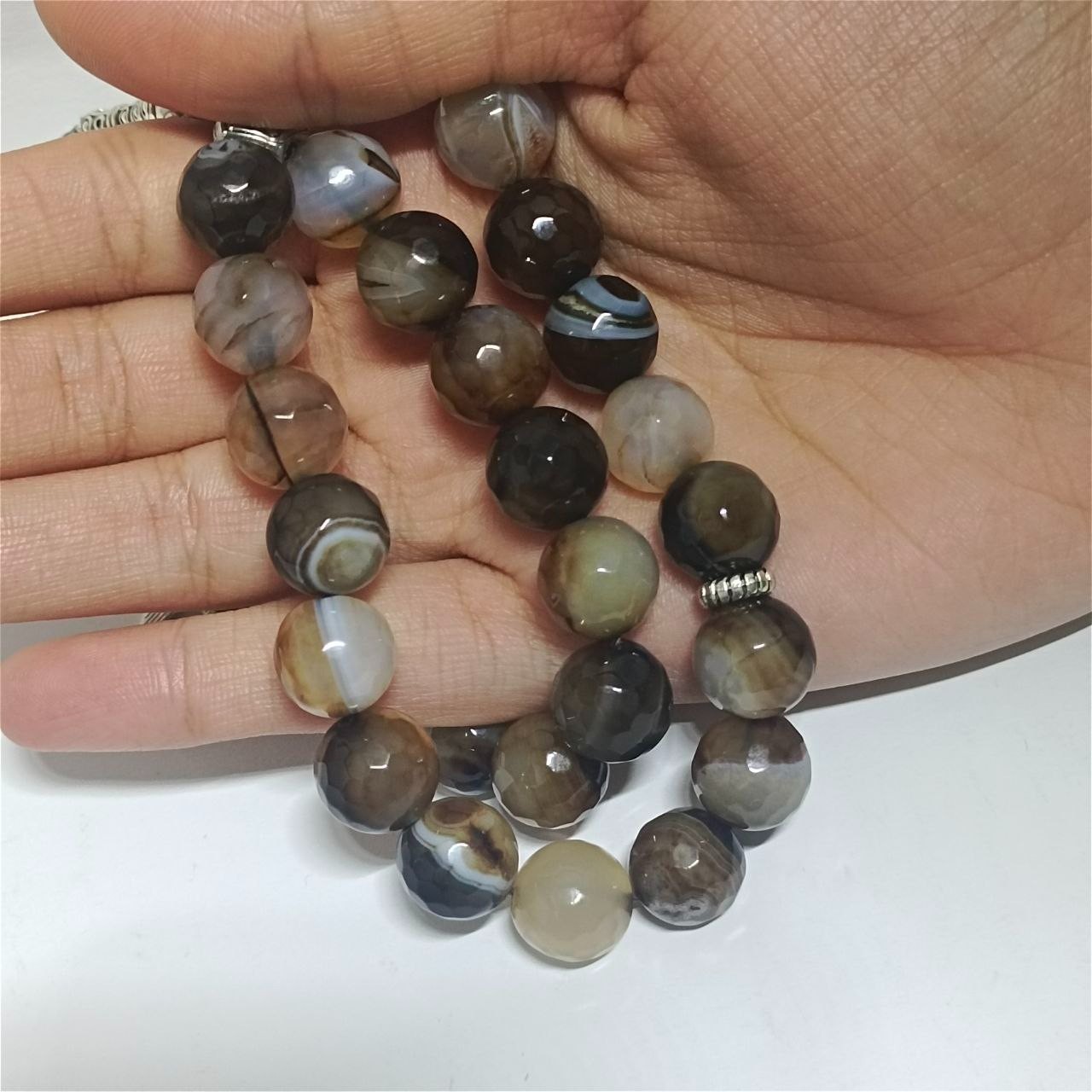 33 Handmade Agate Stone Prayer Beads Tasbih with Silver Crescent Charms Tassel