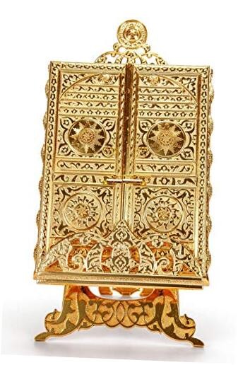 Islamic Metal Quran Box with Stand, Kaaba Door Motif, Islamic Decorations Gold