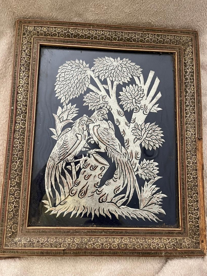 Vtg Shahada Kalima Islamic Art Calligraphy 3D Metal In Khatam Persian Marquetry