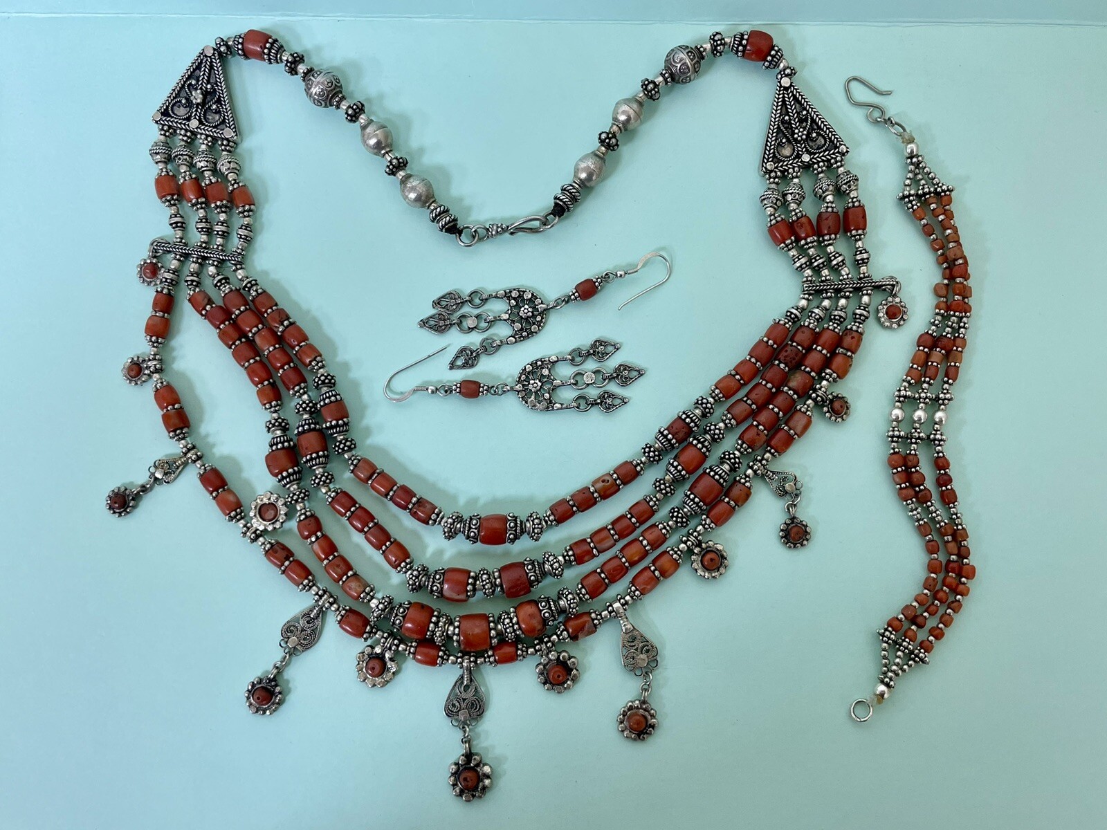 Antique mediterranean Red coral Silver necklace Bracelet Earrings 214Grams R2