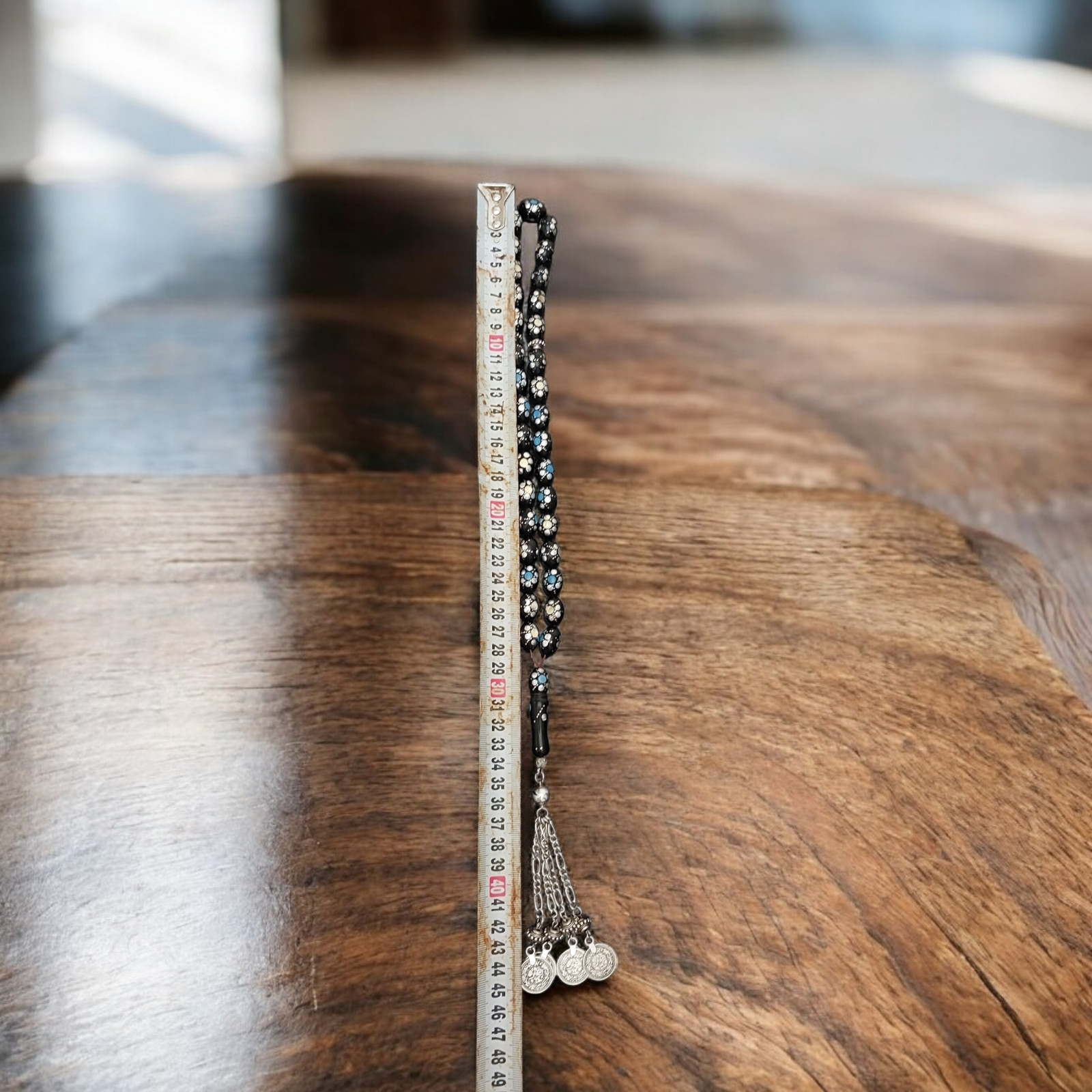 Natural Black Coral Yusir Tasbih 33 Islamic Prayer Beads Silver Turquoise Inlay