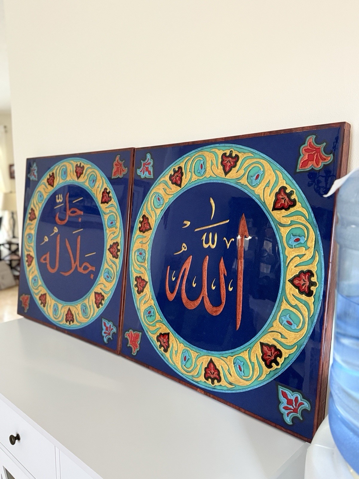 Islamic Wall Art Set | 2-Piece Teakwood Calligraphy Panels| Allah jalla jallaluh