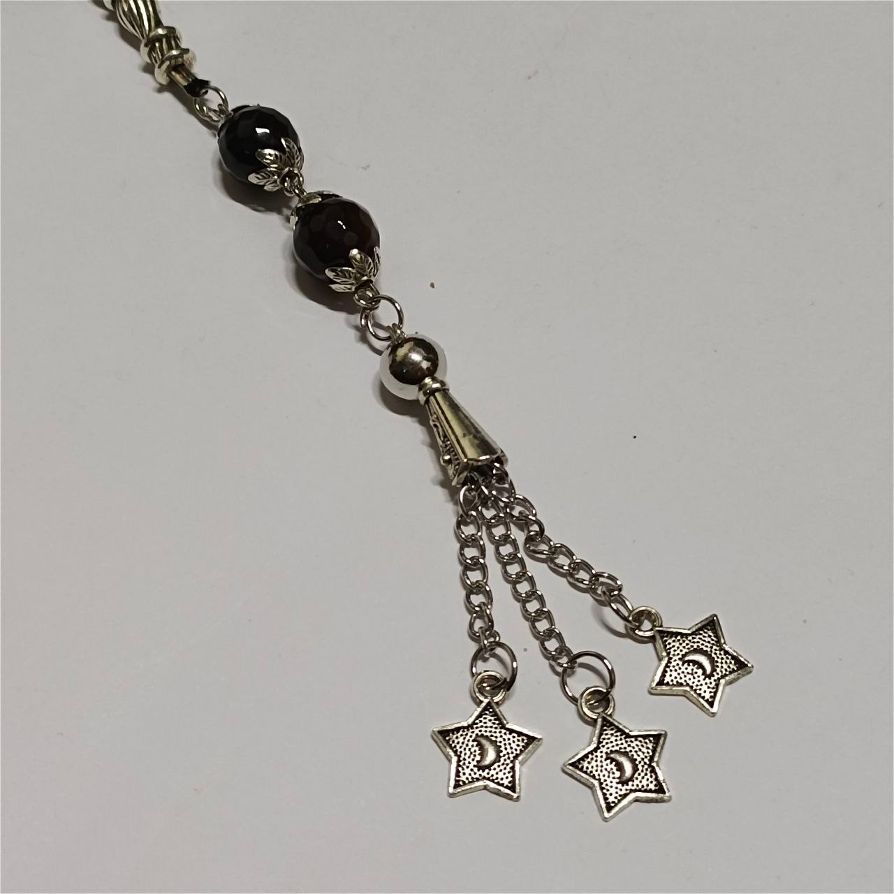33 bead brown agate tasbih, handcrafted, silver details, Egyptian prayer beads