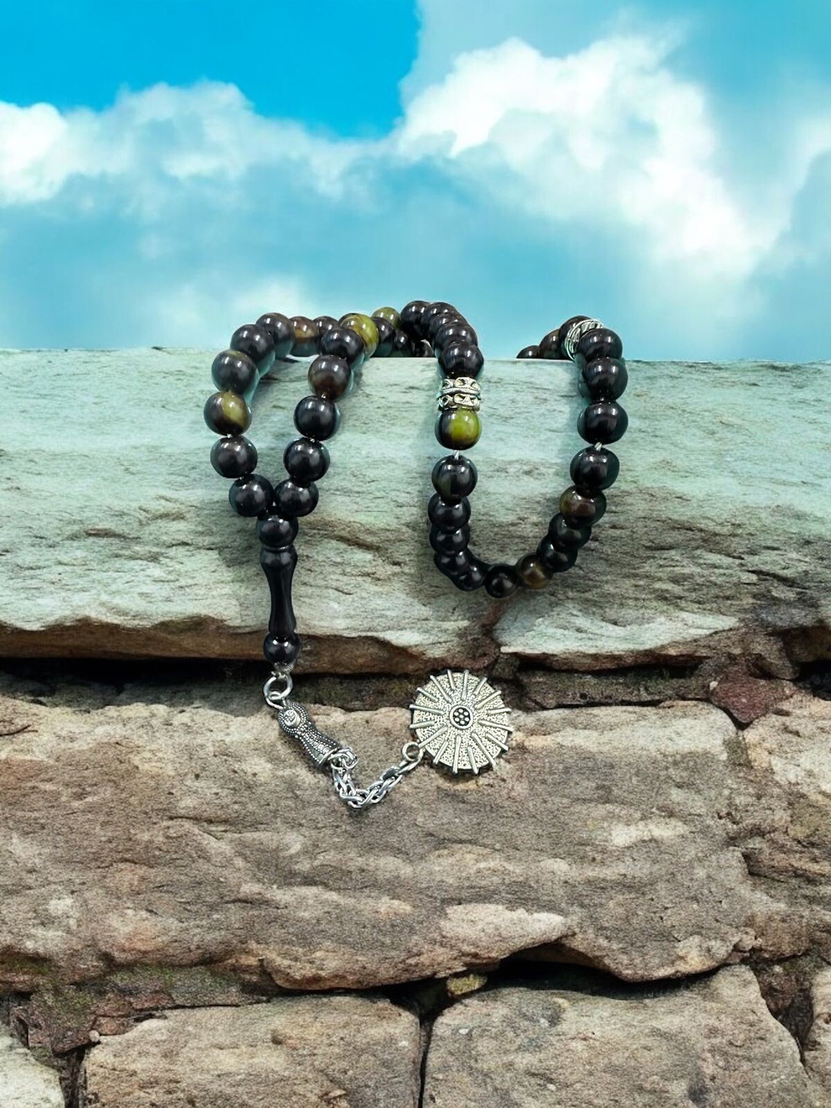 “Black Glass Islamic Prayer Beads with Green Patterns Tasbih Misbaha Rosary 33