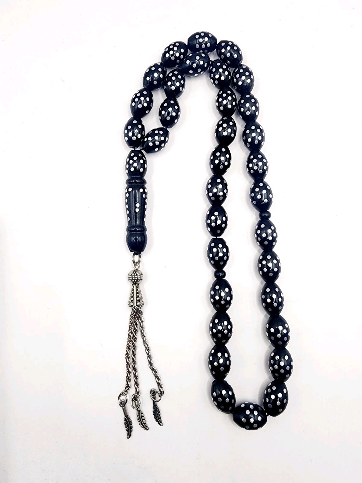 VINTAGE BLACK YUSR CORAL NATURAL SILVER INLAY PRAYER BEADS 33 Tasbih Islamic 39G