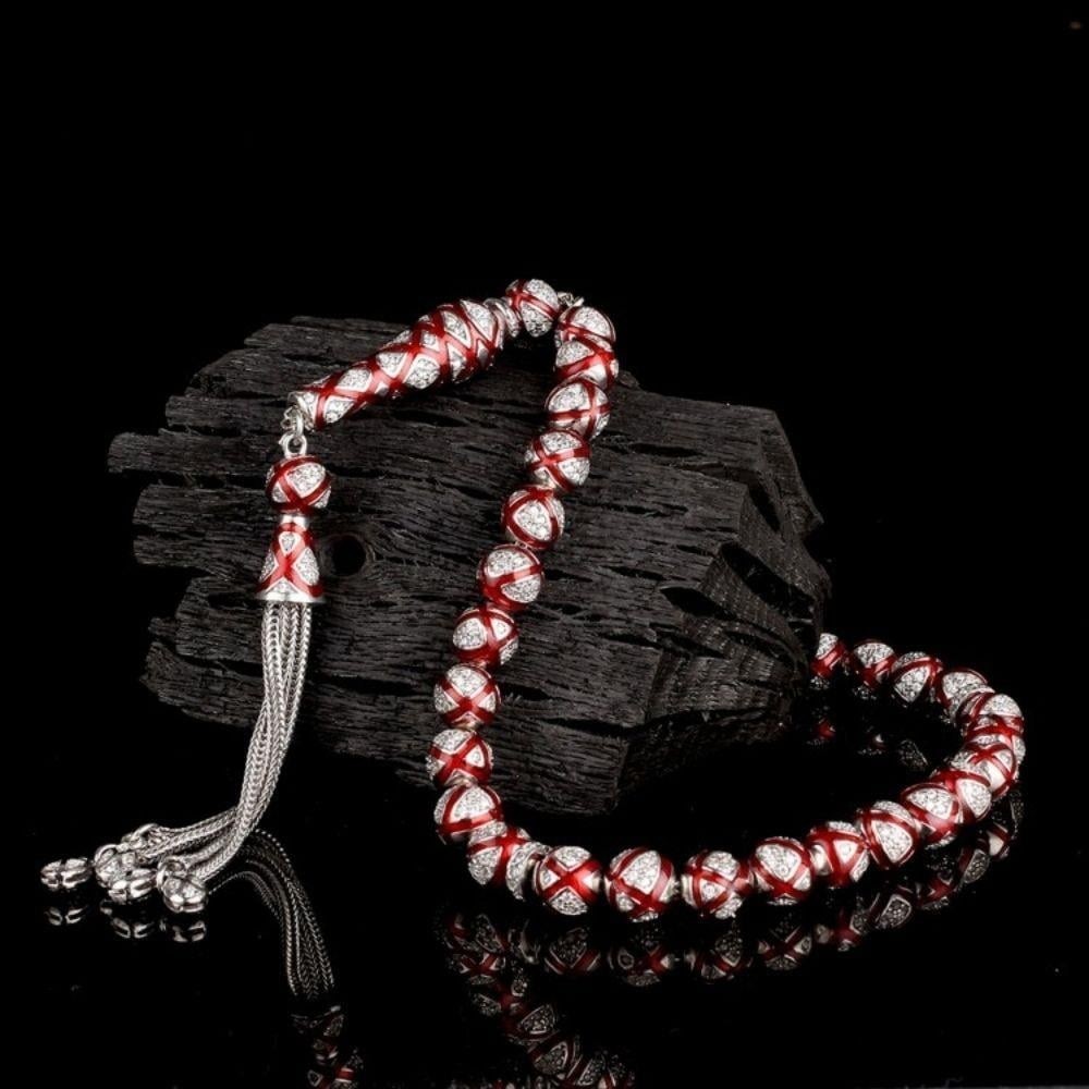 925 Sterling Silver Prayer Beads Red Enamel Zircon Stones Tesbih Rosary 51g