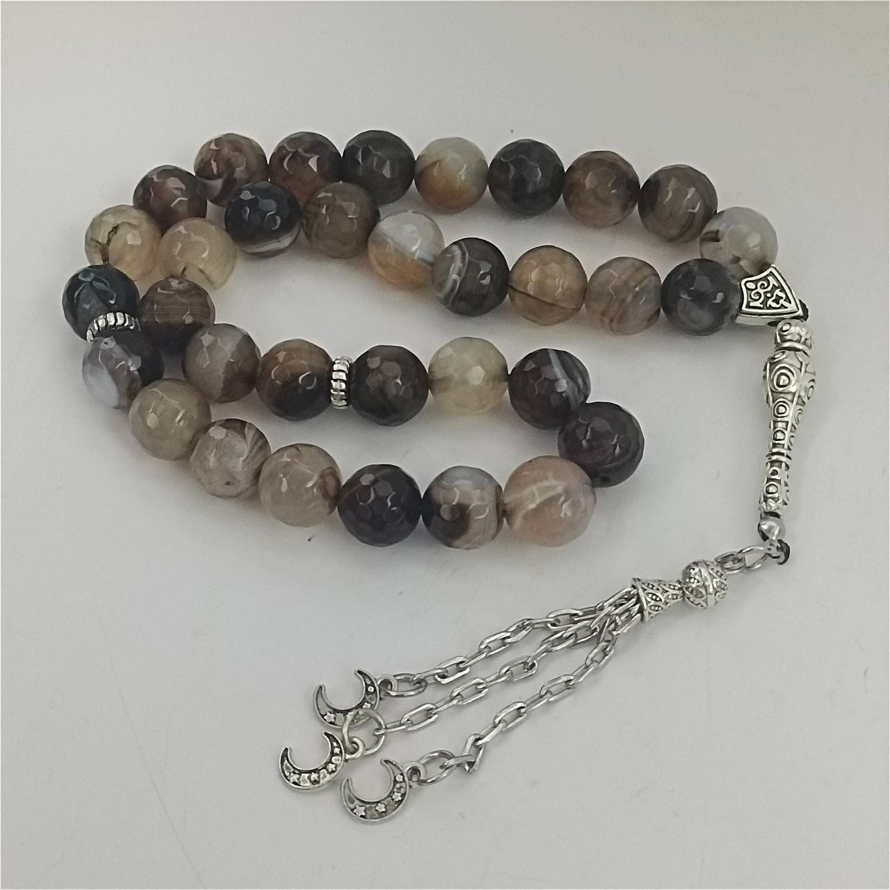 33 Handmade Agate Stone Prayer Beads Tasbih with Silver Crescent Charms Tassel