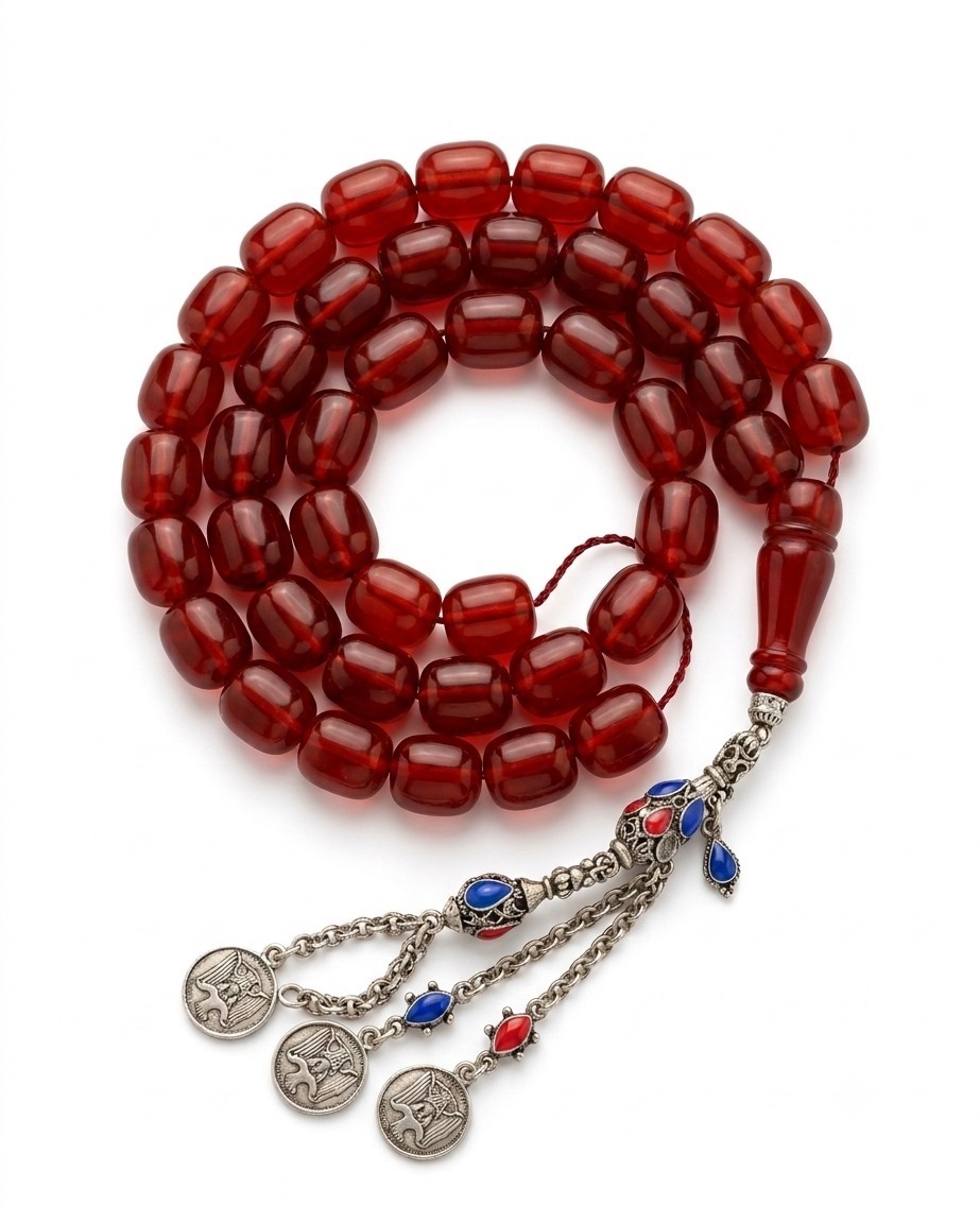 Faturan Misbaha 33 Beads Turkish Cognac Hand Turned Silver Tassel Prayer 🥇
