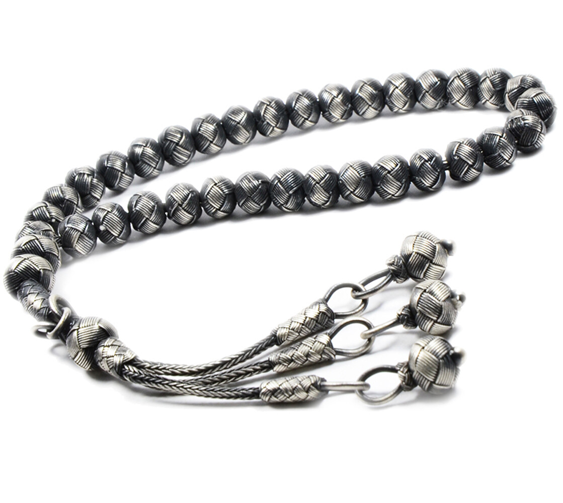 1000 Ct Silver Kazaz Hand Knitted Oxidised Islamic Prayer Beads Tasbeeh Rosary