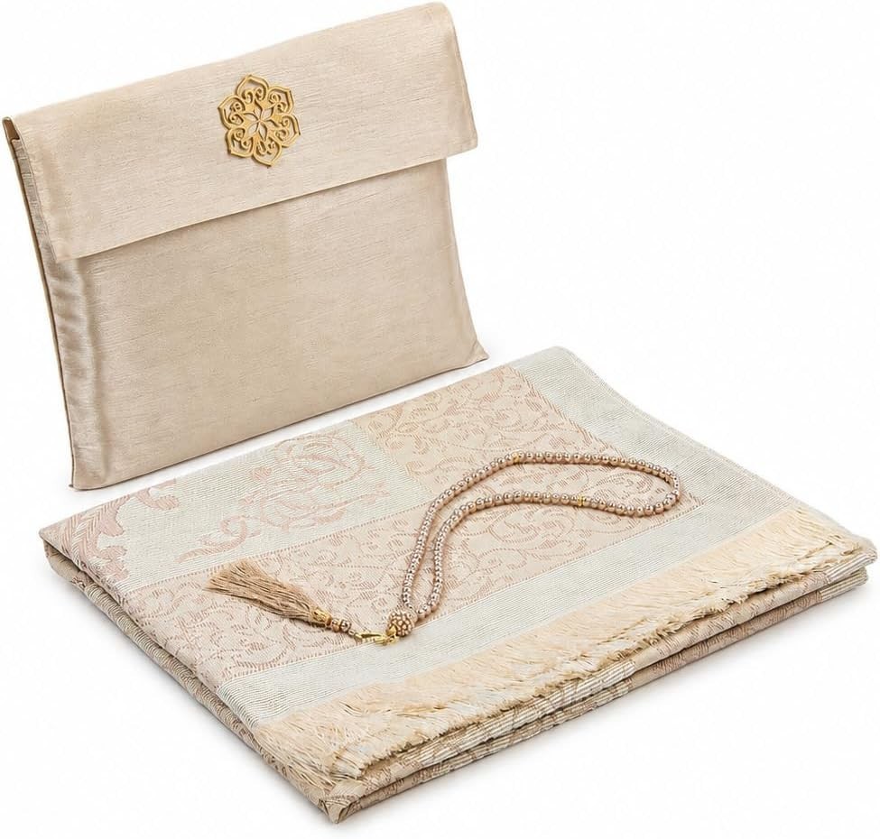 Travel-Friendly Gold Prayer Mat & Tasbih Set, Machine Washable, 46″ x 27″