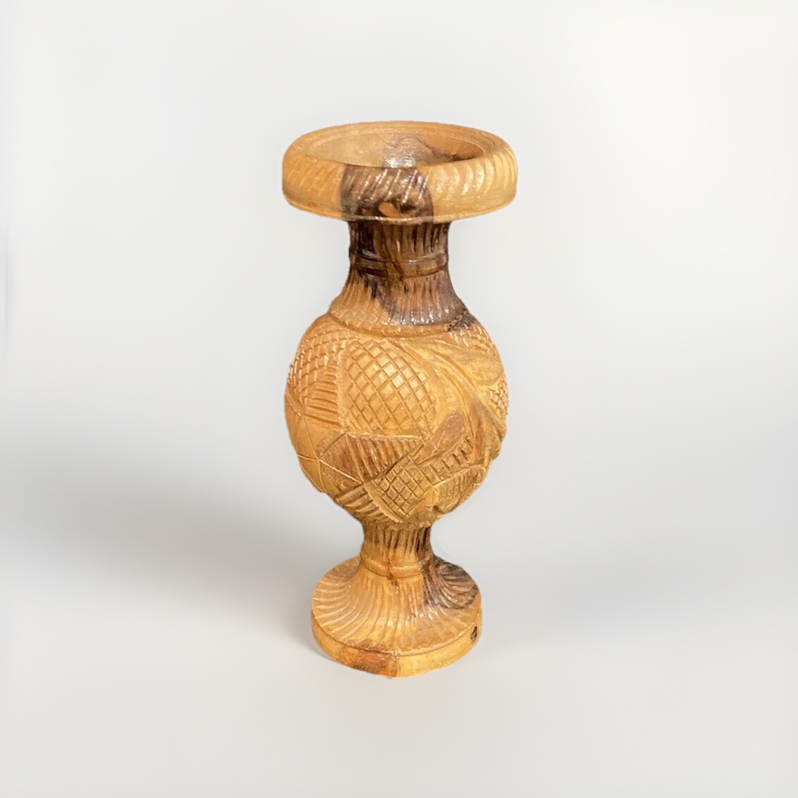 Vintage Olive Wood Vase Jerusalem Hand Carved 1980s 8″