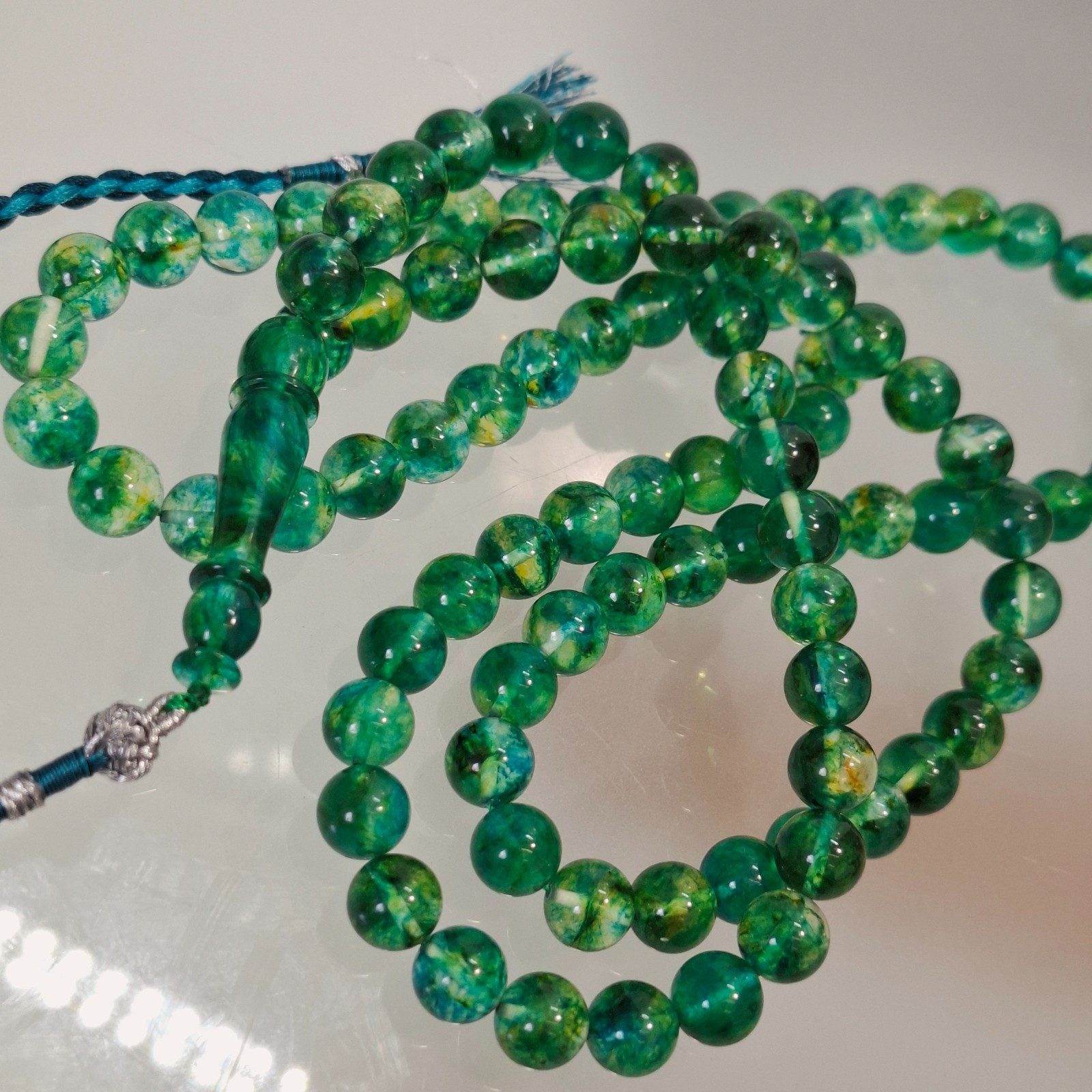 Amber Rosary – 99 sphere Beads, 8.7 mm, Green Amber Rosary 38gram Pressed amber