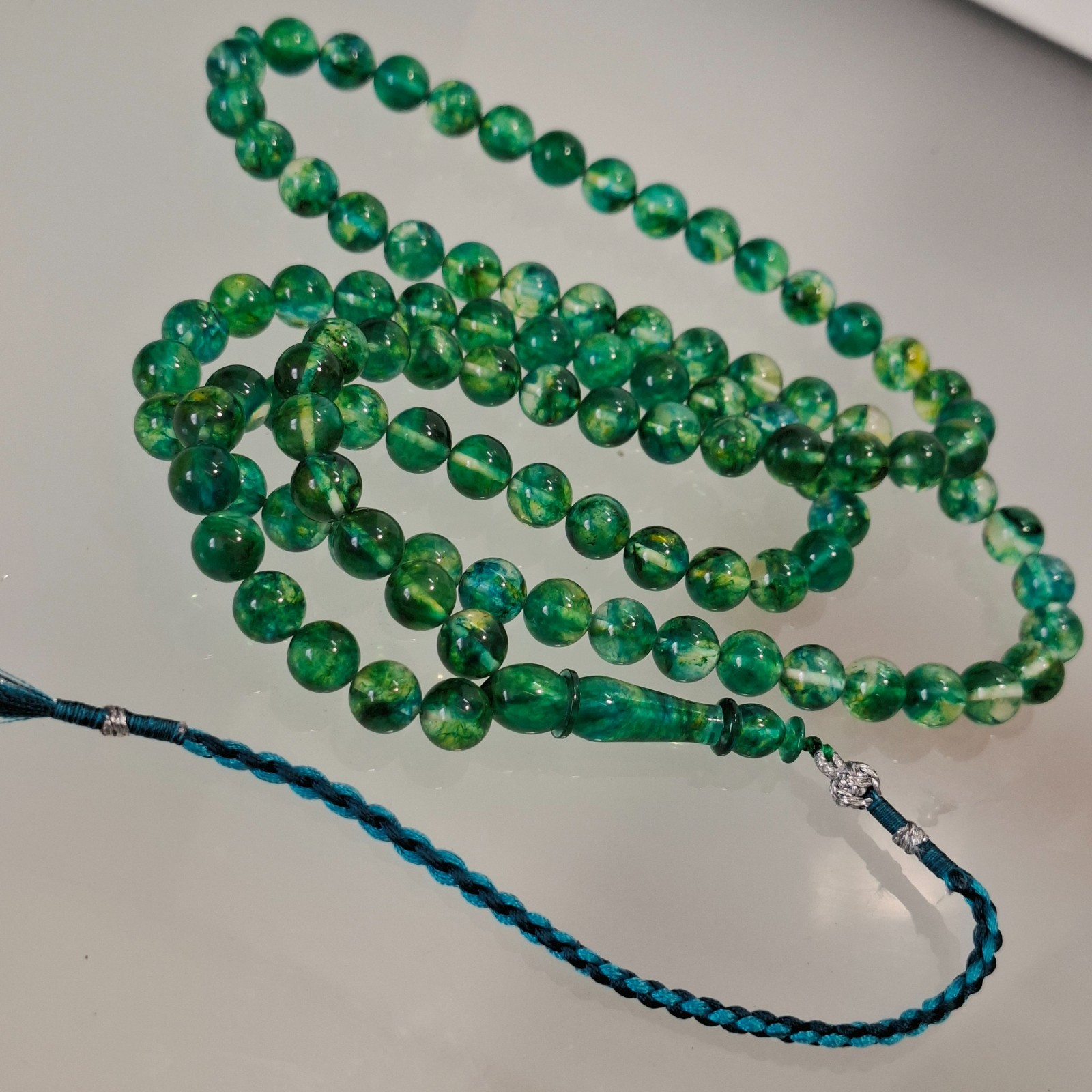 Amber Rosary – 99 sphere Beads, 8.7 mm, Green Amber Rosary 38gram Pressed amber