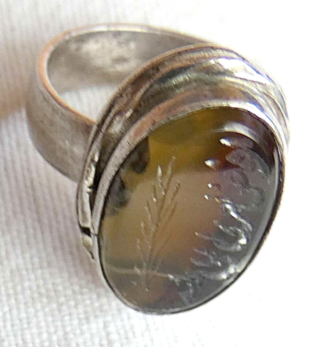 Islamic Antique calligraphy carved agate silver sterling ring, size: 7.25-7.5