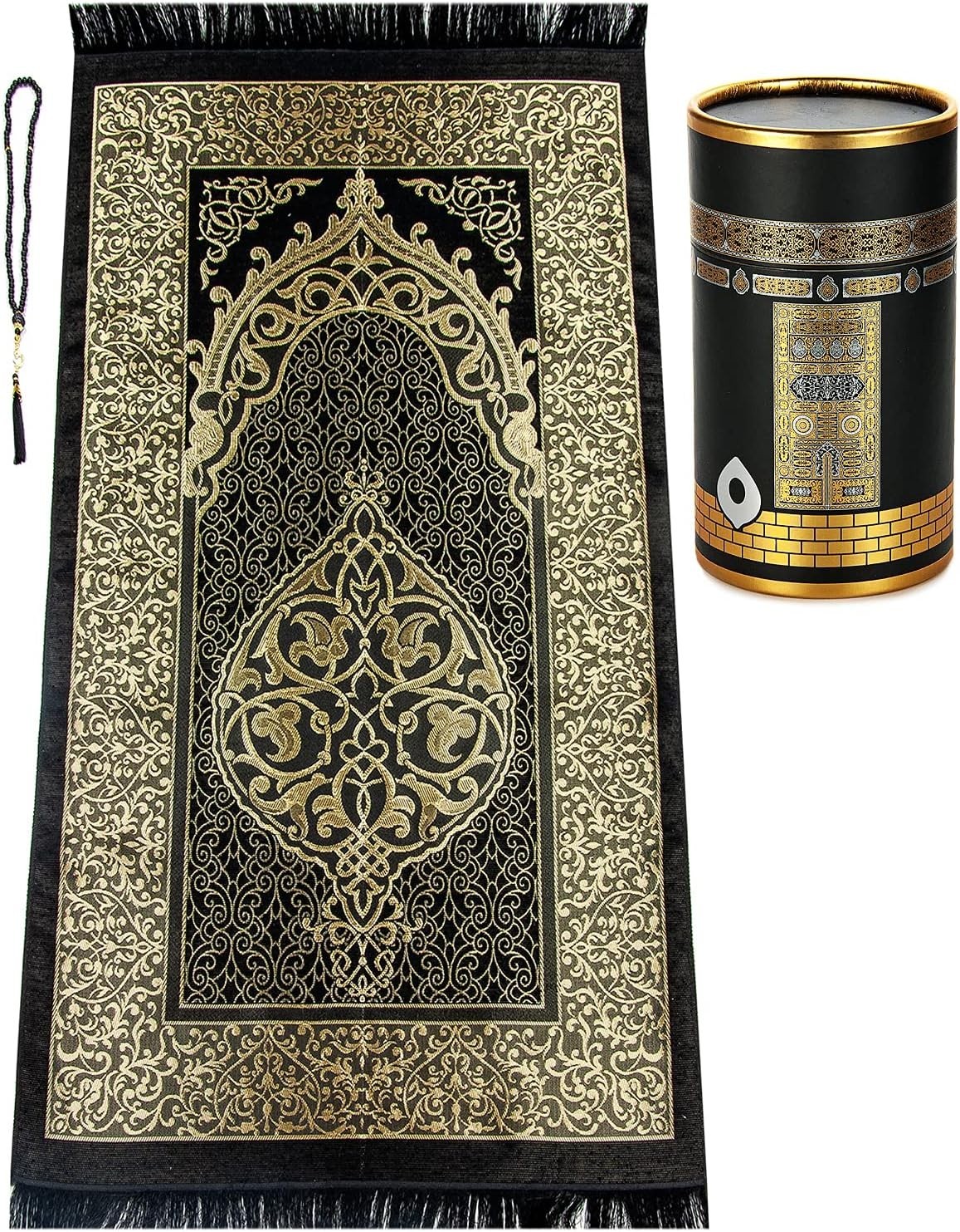 Portable Taffeta Islamic Prayer Mat & Beads Gift Box – Traditional Black Design