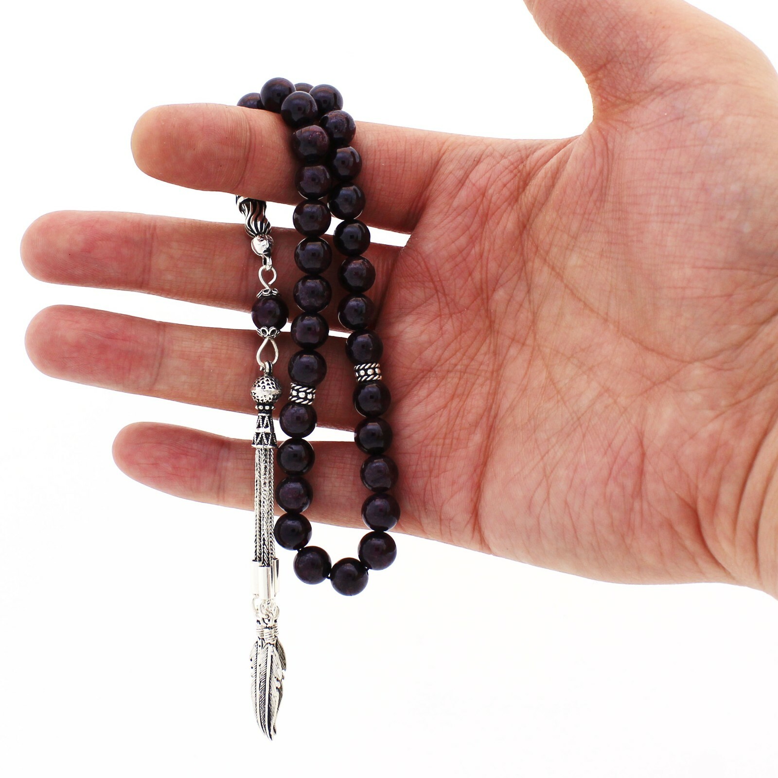 925 Sterling Silver Leaf Tassel Garnet Islamic 33 Prayer Beads Tasbeeh Misbaha