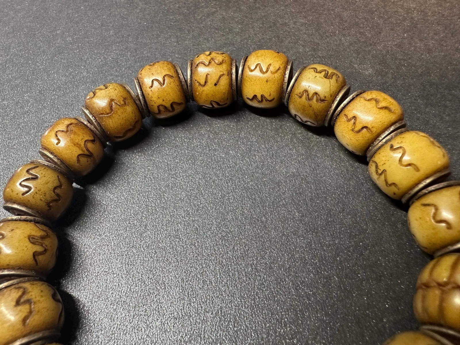 Hand-Carved Yak Bone Mala Bracelet | Tibetan Buddhist Prayer Beads | Wave Patte