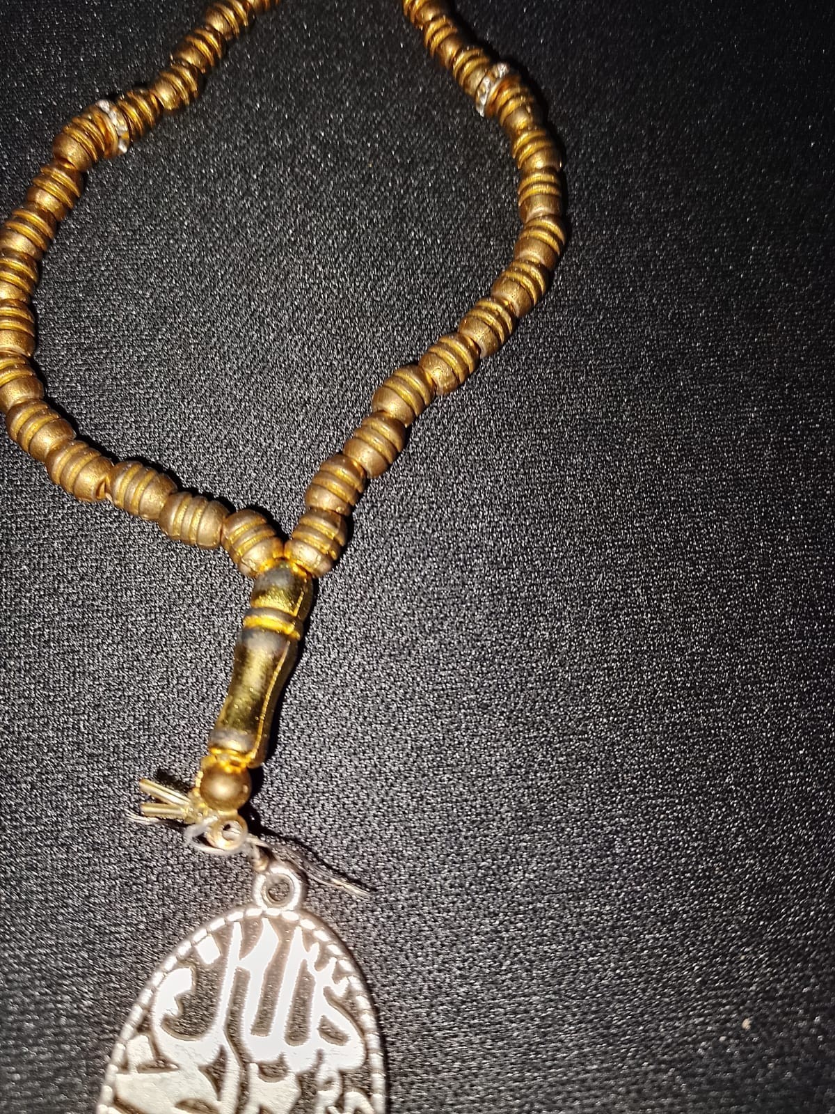 Gold Tone Islamic Tasbih Bracelet with Arabic Calligraphy Pendant – Elastic Stre